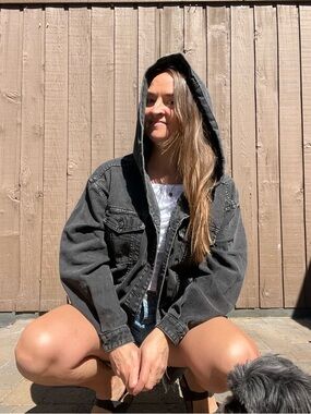 Wild Fable Black Denim Jacket Womens Medium Hooded Oversized Cropped Streetwear